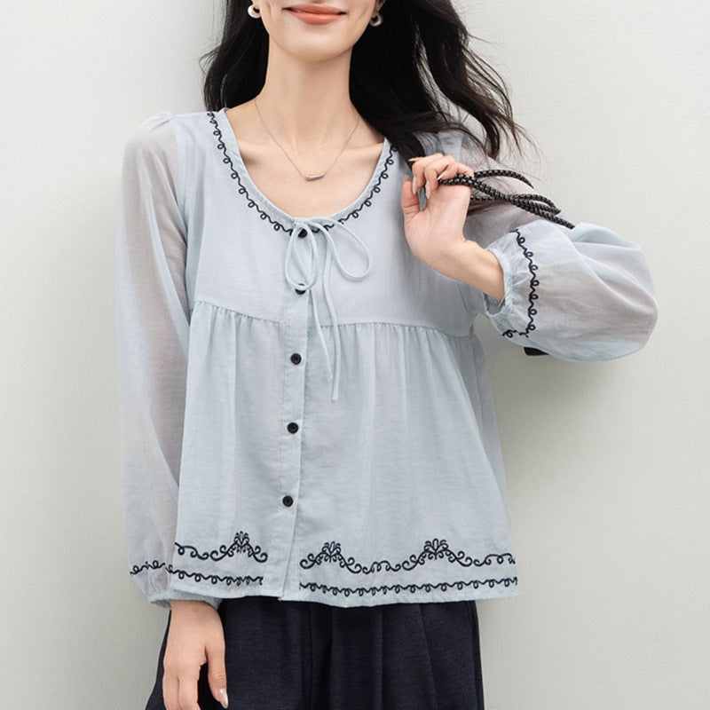 Heart Signal Blue Shirt Women Long Sleeve Embroidered Tie-Up Blouse Peter Pan Collar Top