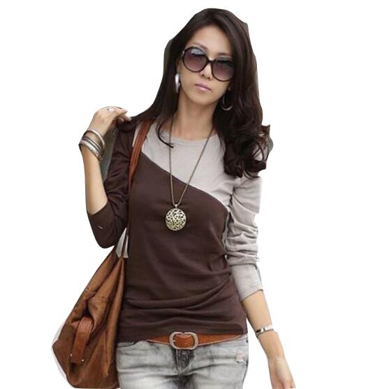 Autumn Spring Cotton Blend Women Round Neck Color Block Long Sleeve Long Sleeve T-Shirts