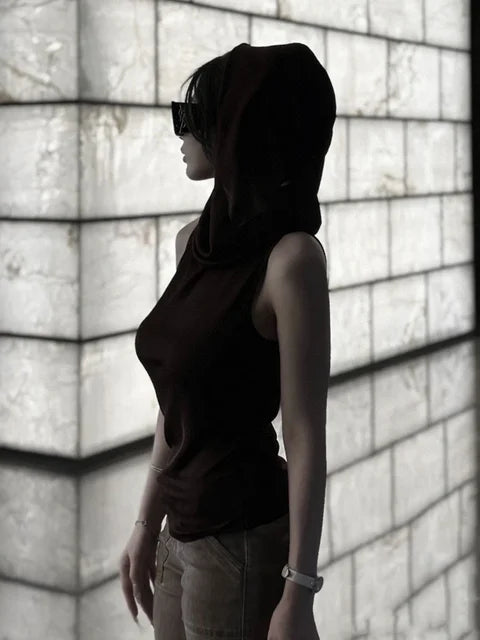 Women's Short Tank Tops  Hooded Sleeveless Solid Collor Knit  Top Female Summer