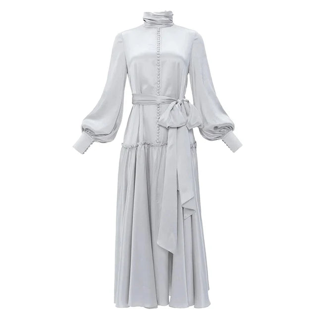 Patchwork Lace Up Solid Elegant Dresses For Women Turtleneck Lantern Sleeve High Waist Temperament Dress Female Fashion New