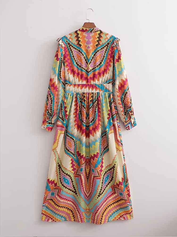 Women Dress Fashion Printed Midi Dress Woman Vintage Long Sleeve Female Party Dresses