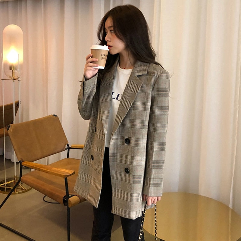 Office Ladies Notched Collar Plaid Women Blazer Double Breasted Autumn Jacket Casual Pockets Female Suits Coat