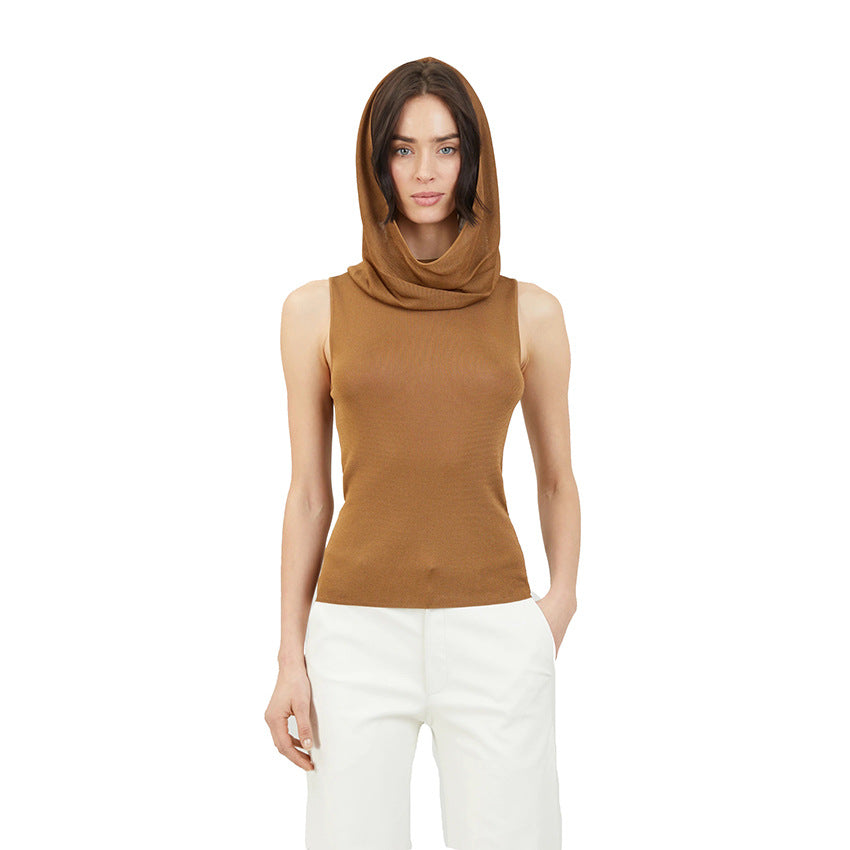 Women's Short Tank Tops  Hooded Sleeveless Solid Collor Knit  Top Female Summer