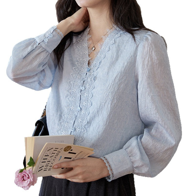 Blue V-Neck Lace Embroidered Long Sleeve Shirt Women  Vintage Elegant Commute Top