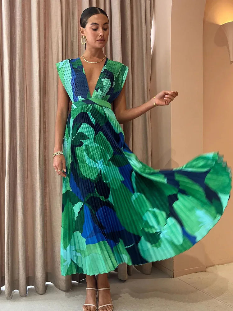 Sexy Pleated Print Halter Dress Women Loose V-neck Sleeveless Backless Irregular Ruffle Female Dresses Summer Ladies Robe