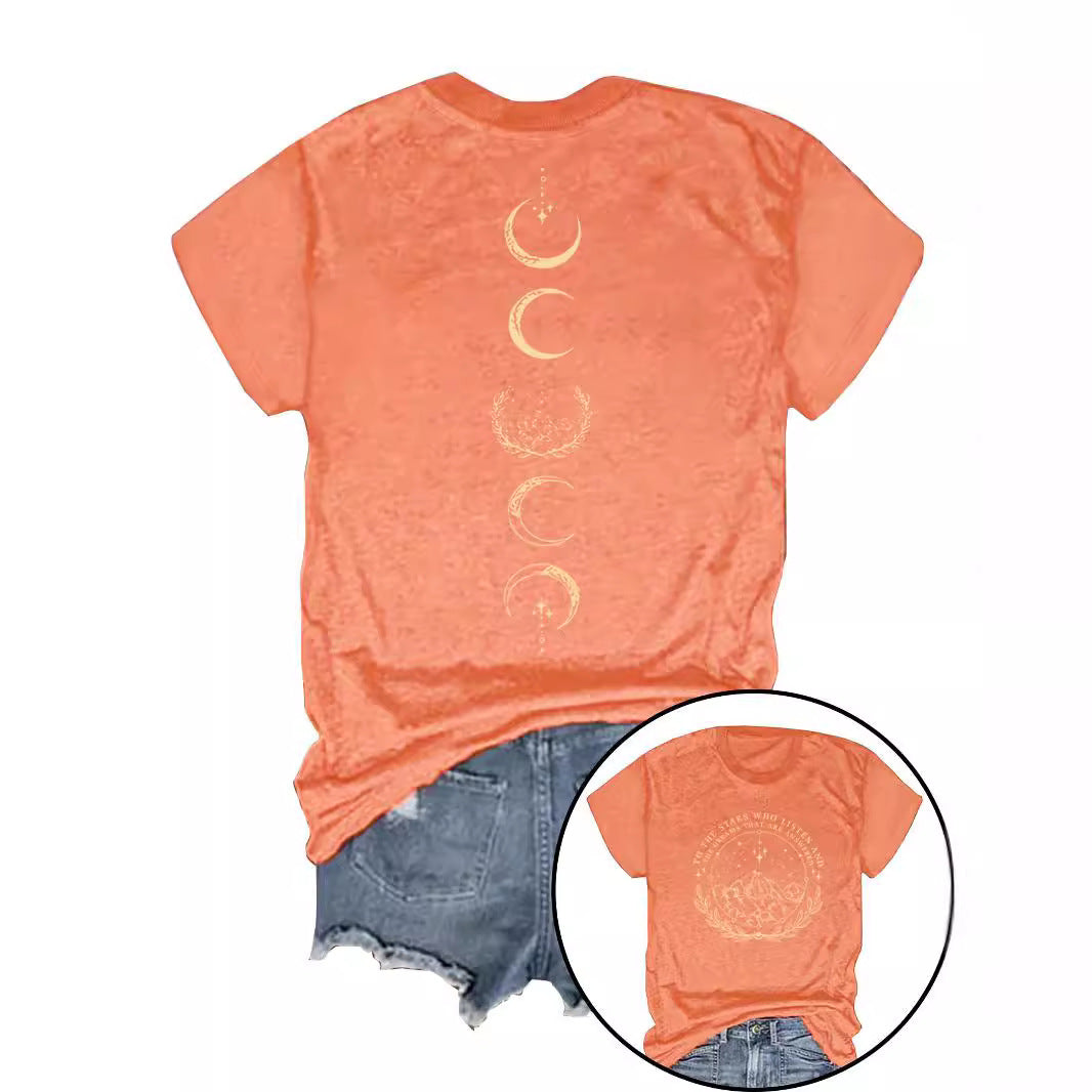 Moon pattern round neck short sleeved shirt