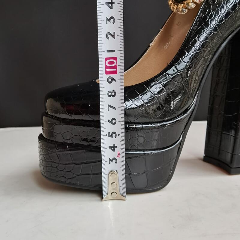 New Sexy Crocodile Pattern Pumps Platform Thick High Heel Rhinestone Party Women's Shoes Black Green Spring Summer Big Size
