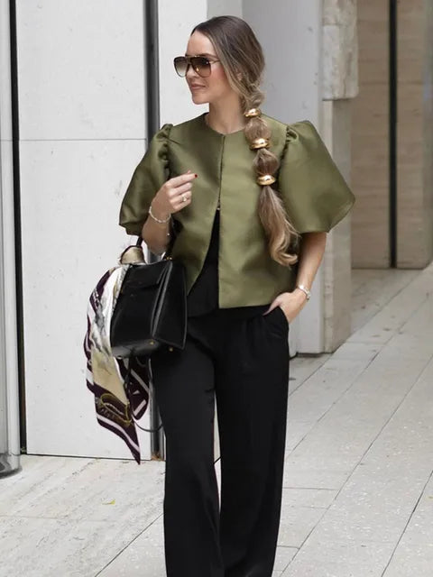 Solid Satin New Women's Blouse Top With Pouf Balloon Sleeve Spring Summer Female Sleeves O Neck Loose Short Shirt Female Blouses