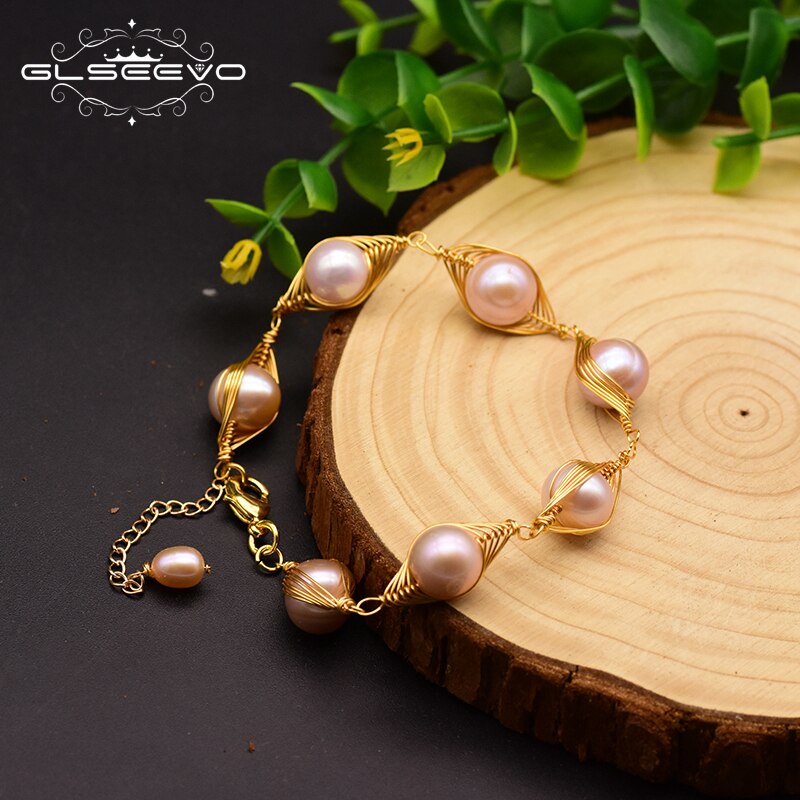 GLSEEVO Handmade Natural Fresh Water Pink Pearl Adjustable Cufflinks Bracelet For Women Party Jewelry Bransoletki Damskie GB0123