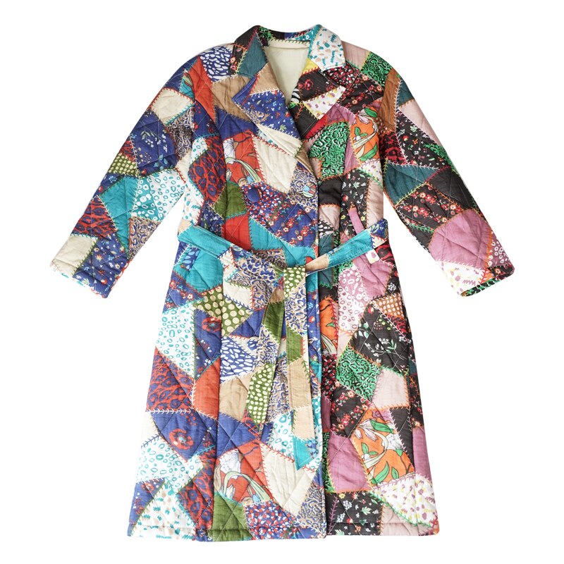 Autumn And Winter New Patchwork Vintage Slim Long Warm Cotton Padded Clothes