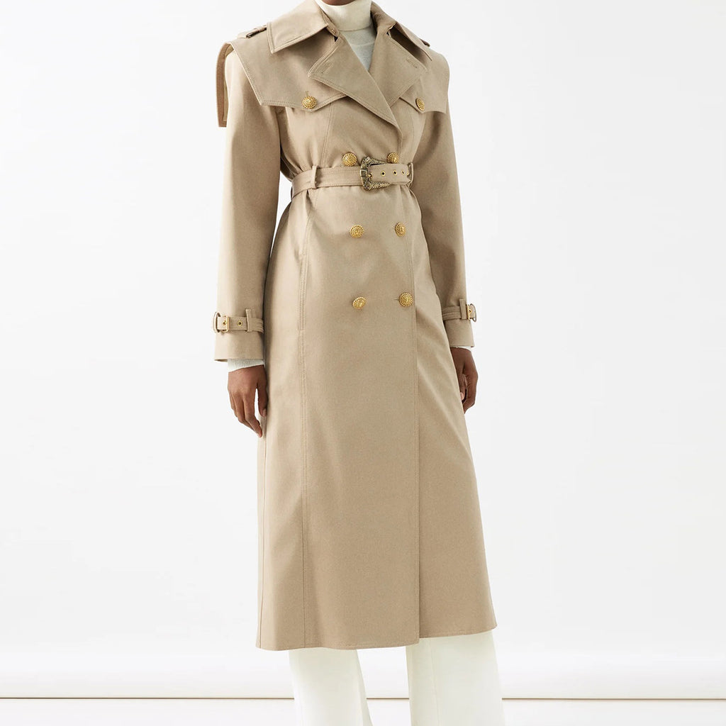 New double breasted detachable adjustable waistband, fashionable pointed collar, mid to long style windbreaker jacket with temperament