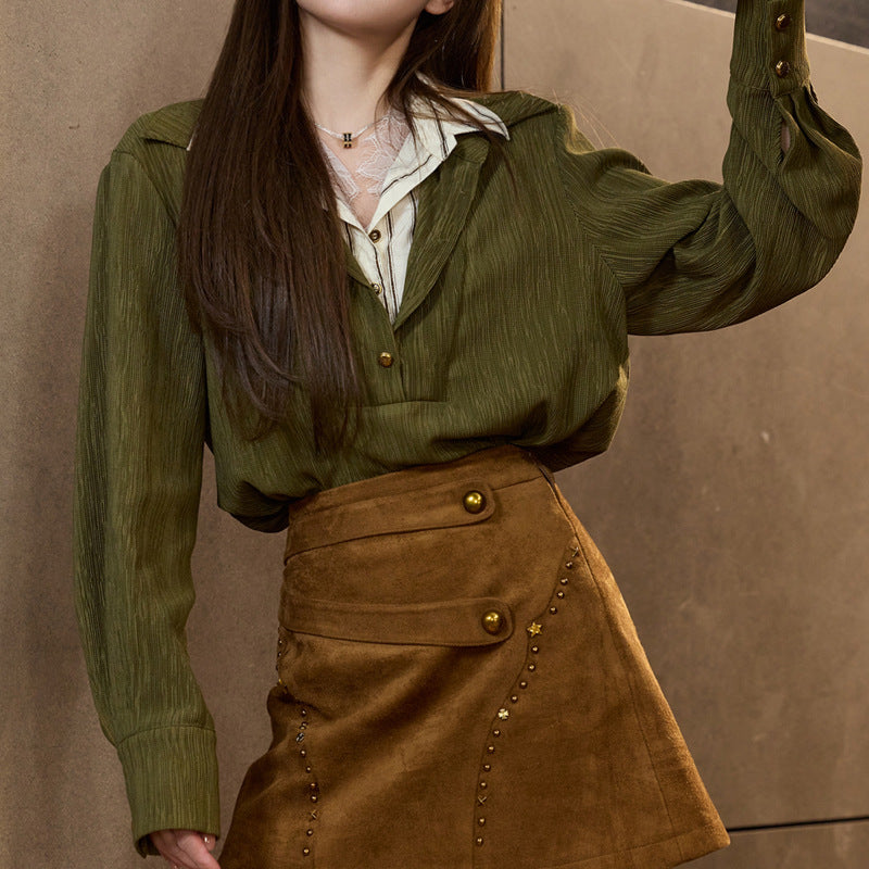 Blouse with Faux Three-Piece Design, Lace Removed for a Simple Look