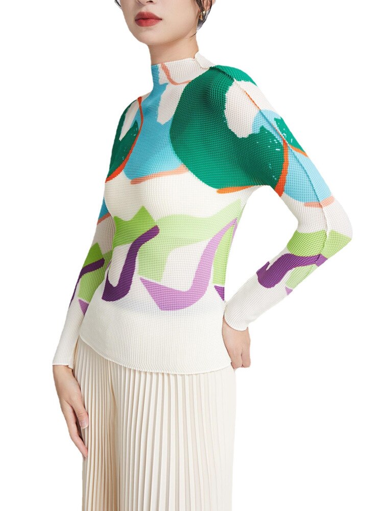 Print Pleated T-shirts For Women Spring New Long Sleeve Stand Collar Slim Casual Breathable Clothing Female 17G1384