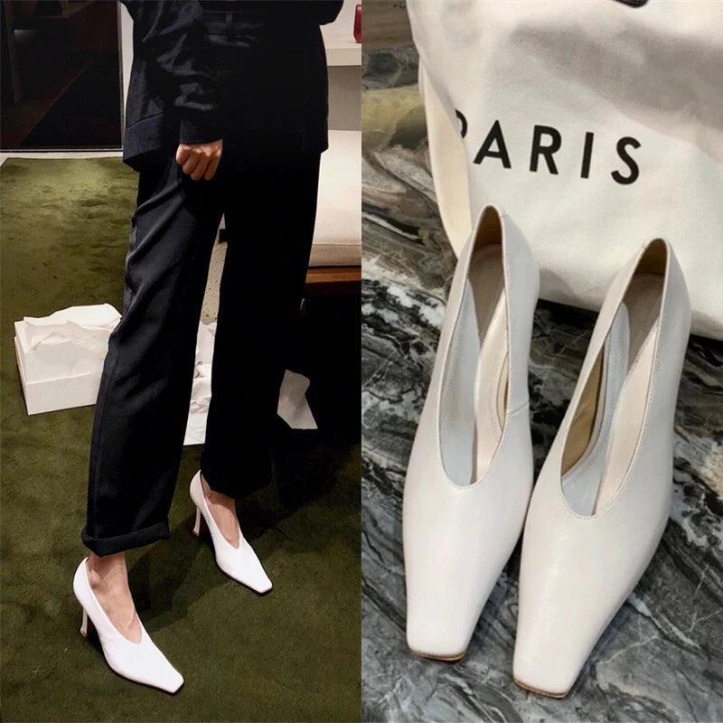 Ladies Vintage Chunky Female High Heel Pumps Sexy Cow Leather Women Square Toe Heels Lady Fashion Shoes Hot Sales