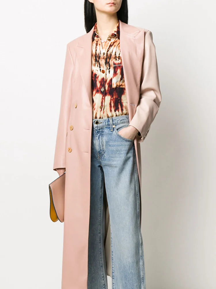 High End PU Leather Trench Coat For Women Lace-up Waist Notched Long Sleeve Slim Fashion Windbreaker