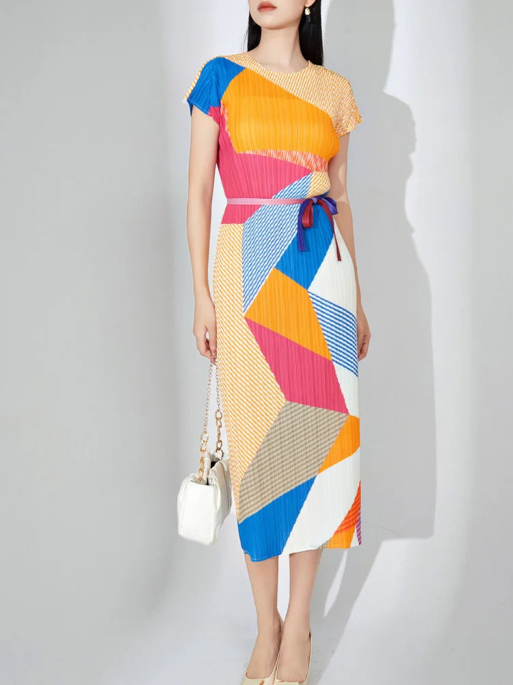 Slim Elegant Pleated Dress For Women Round Neck Short Sleeves Color Block Belt Dresses Female Clothes Summer