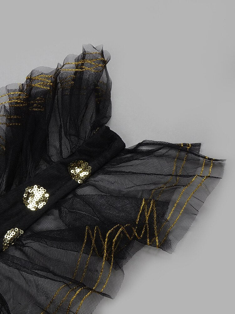 Backless Black Evening Dress Women V Neck Sleeveless Ruffles Sequins Dress Summer New Trendy