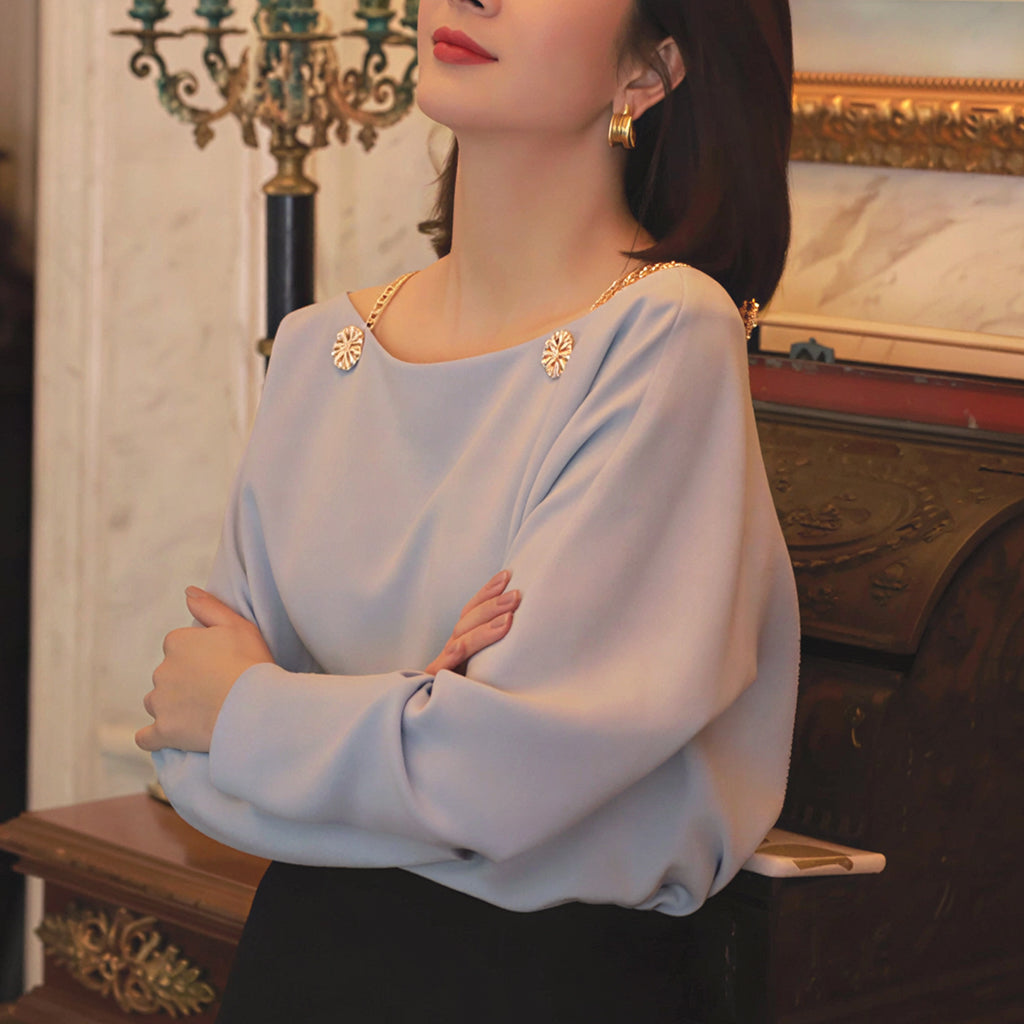 Elegant One-Shoulder Metal Chain Design Long Sleeve T-Shirt Women's Top