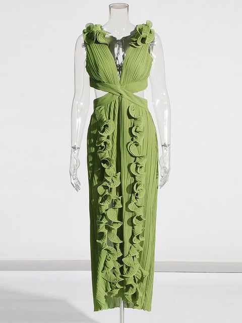 Solid Patchwork Folds Slimming Dresses For Women V Neck Sleeveless High Waist Temperament Dress Female