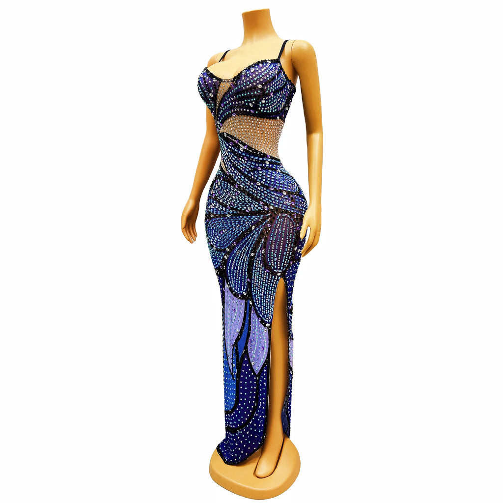 Suspender dress with sparkling diamond print fashionable slit slim fit stage host dress