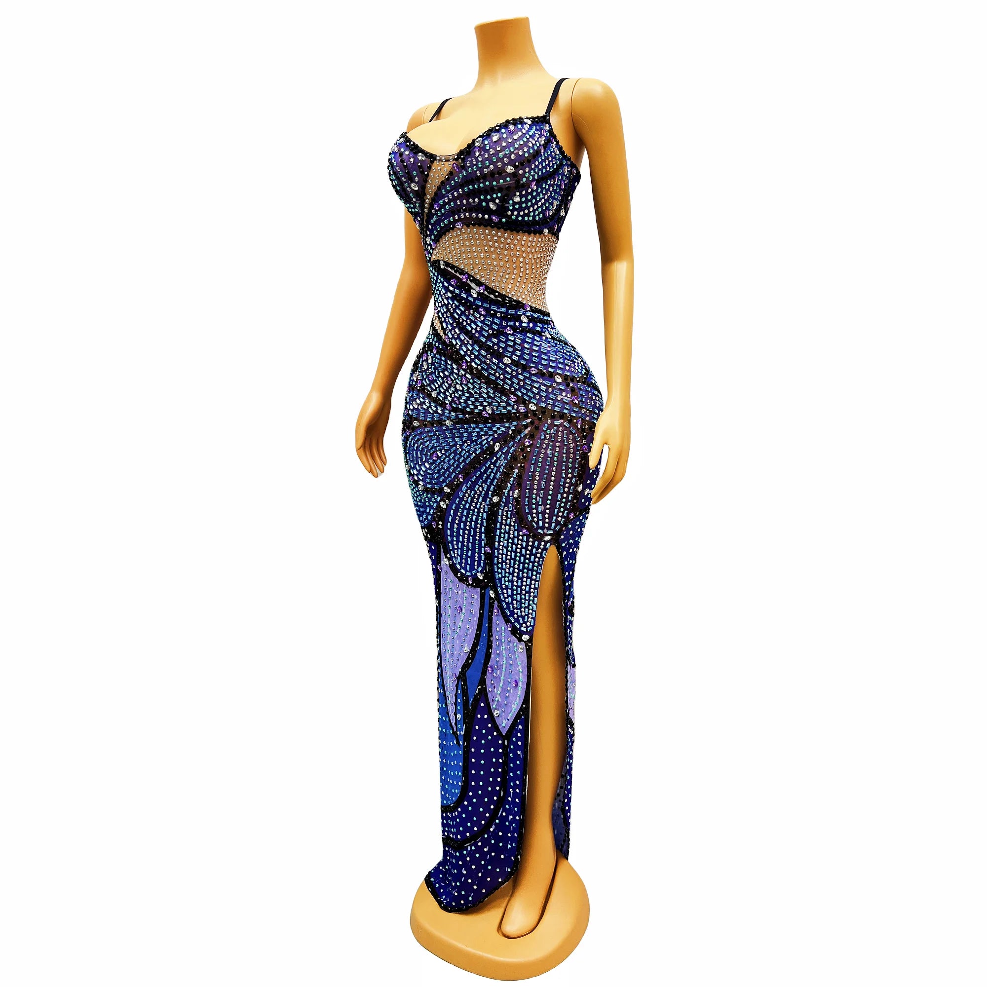 Suspender dress with sparkling diamond print fashionable slit slim fit stage host dress