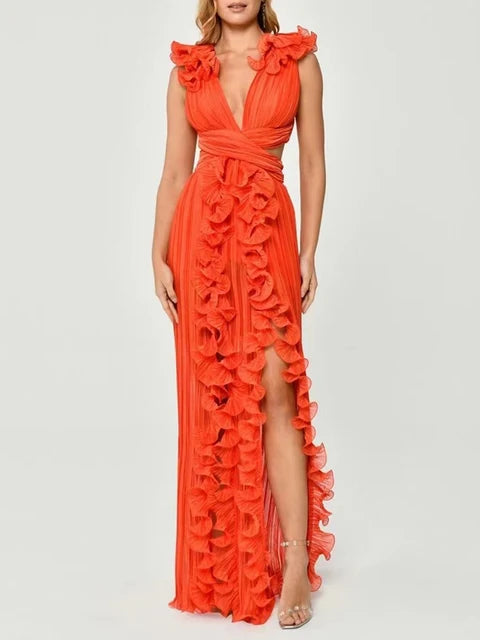 Solid Patchwork Folds Slimming Dresses For Women V Neck Sleeveless High Waist Temperament Dress Female