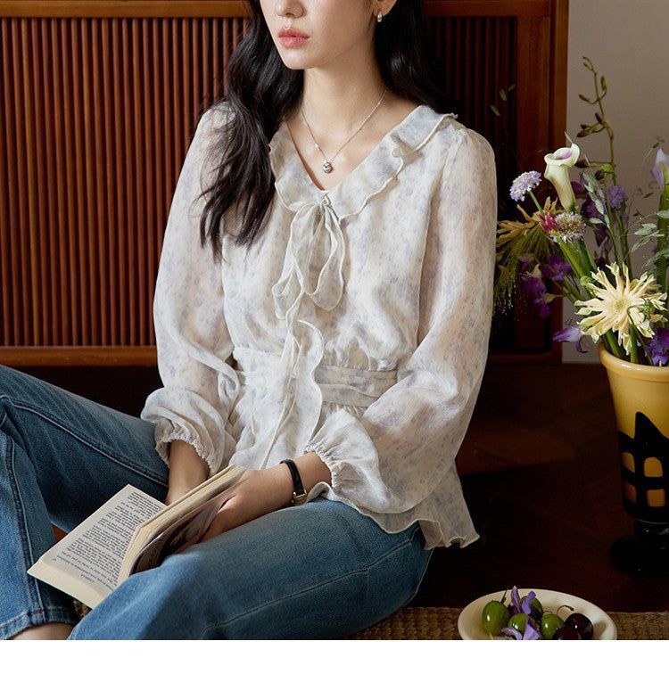 Blue Printed Ruffle Tie-Back Long Sleeve Shirt for Women Vintage Fitted Slim Fit Top