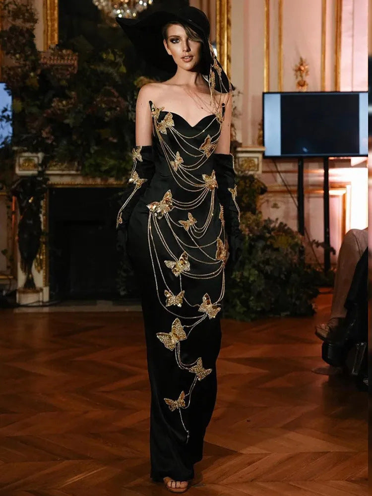 Fashionable and elegant party dress with embroidered butterfly bead chain dress