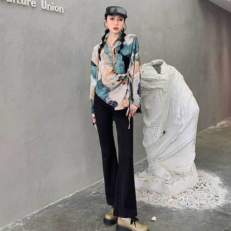 Printing Shirts for Women  New Fashion Vintage Long Sleeve Blouses Asymmetrical Lace Up Button Down Casual Tops