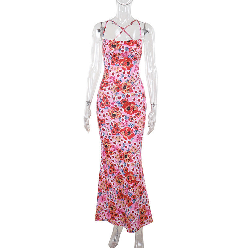 Elegant slim fit camisole printed bright beauty dress