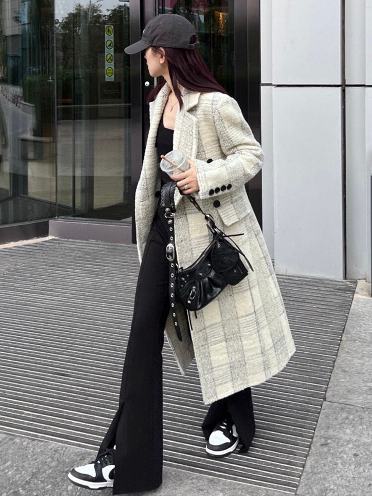 Loose Fit White Plaid Elegant Long Woolen Coat Parkas New Long Sleeve Women Fashion Trend Autumn Winter