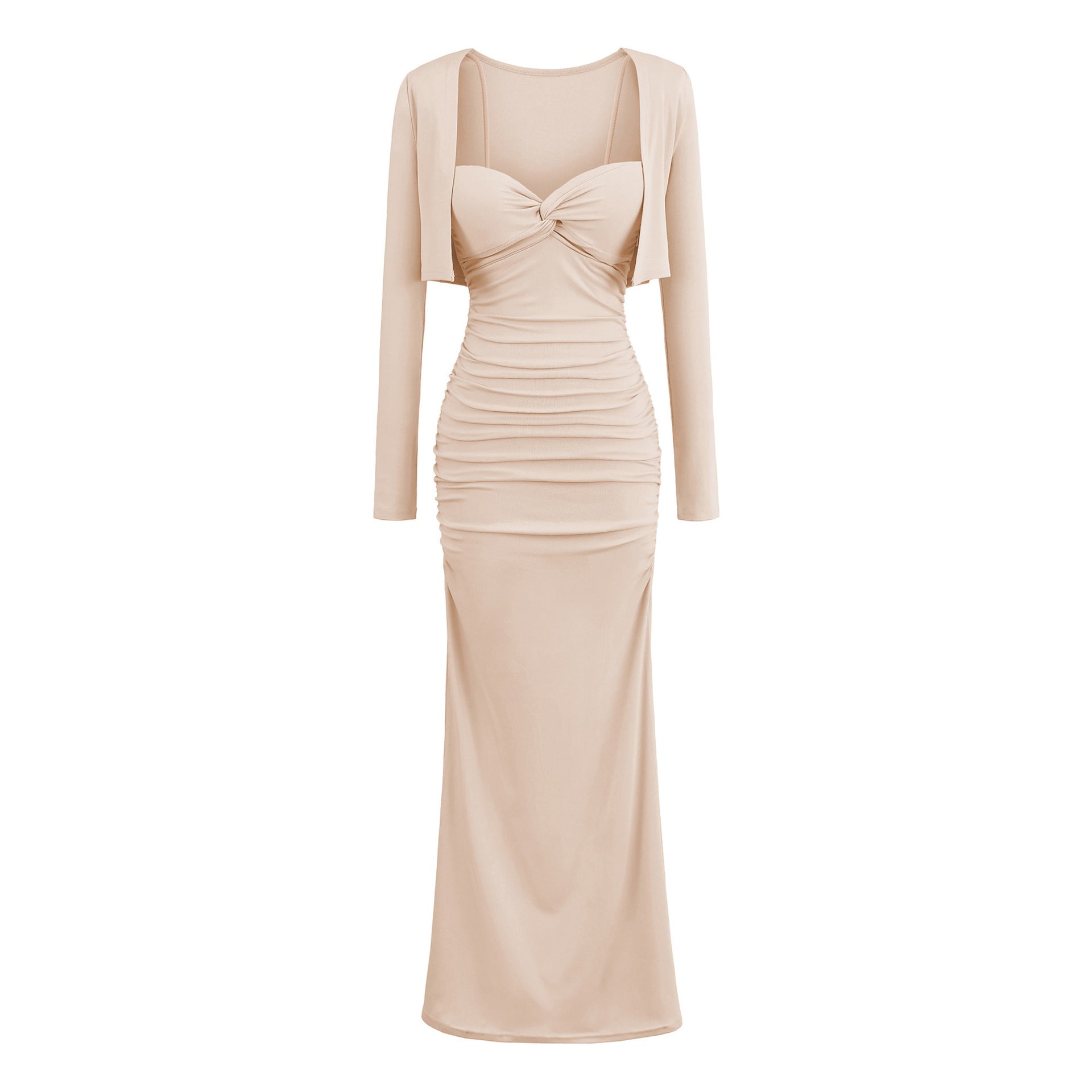 Wrinkle slim fit hip hugging dress cardigan set