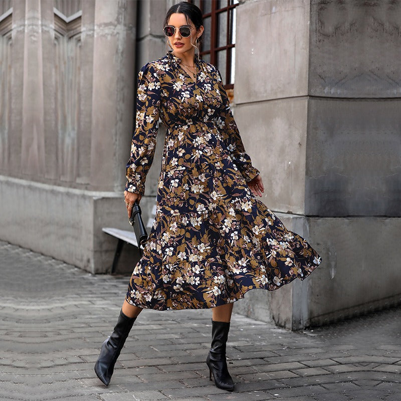 New autumn and winter women's printed European and American dresses with a sense of female design