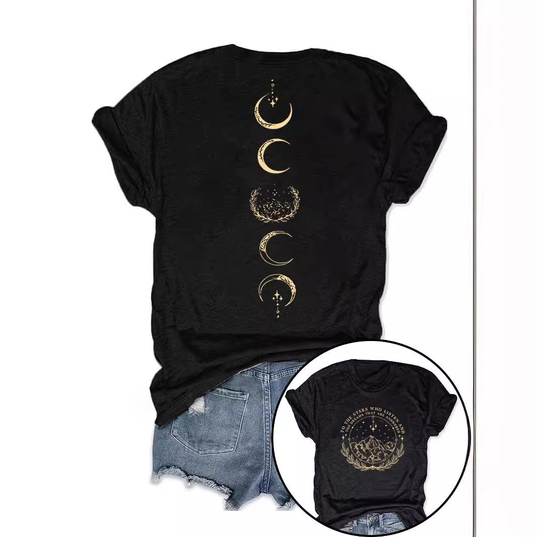 Moon pattern round neck short sleeved shirt