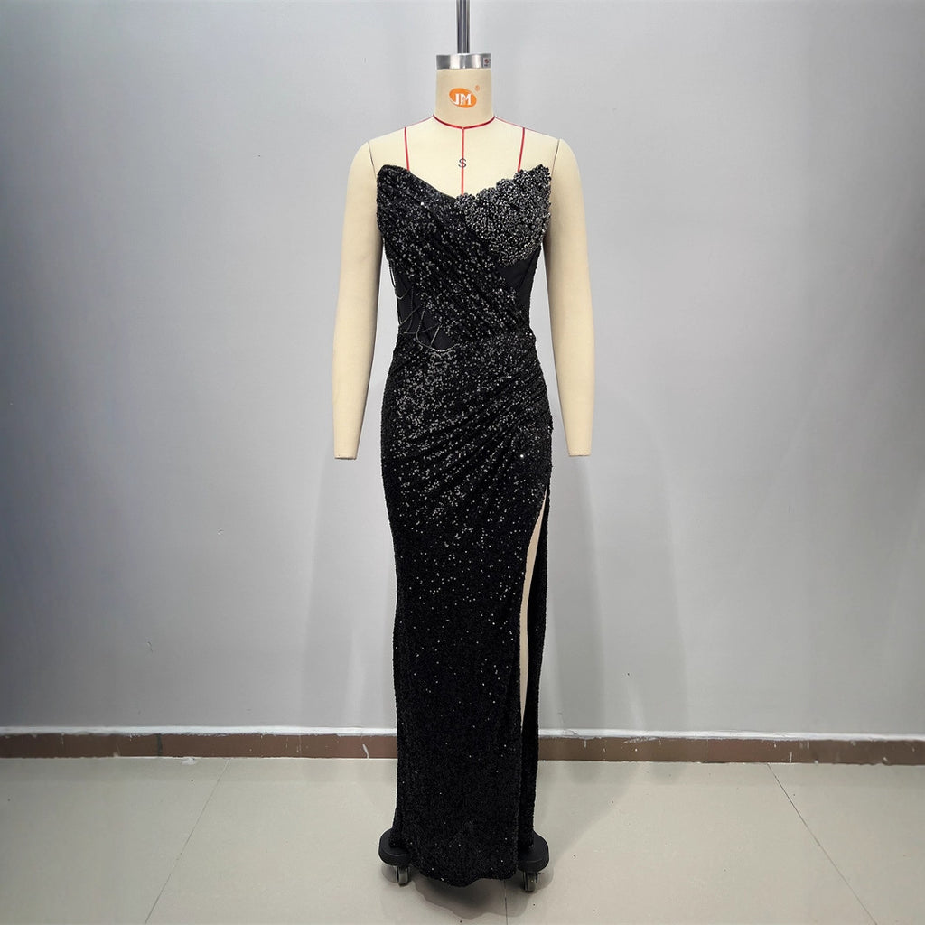 Spring and Summer New Women's Off-the-Shoulder Sequined Sexy Evening Dress Halter Sequined Sleeveless Party Dress Long Skirt
