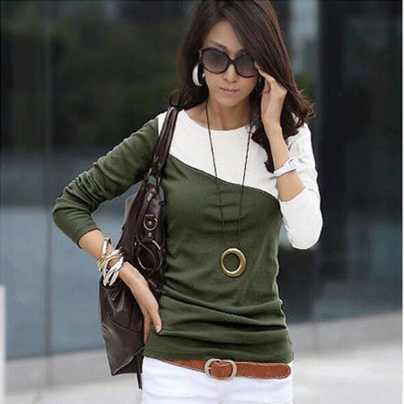 Autumn Spring Cotton Blend Women Round Neck Color Block Long Sleeve Long Sleeve T-Shirts