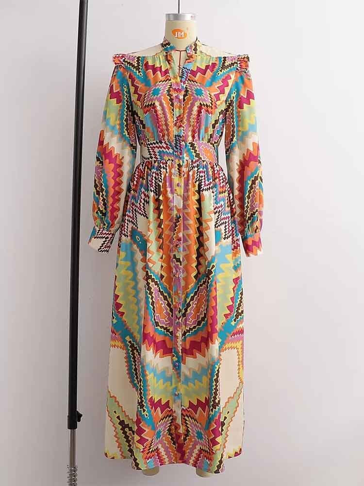 Women Dress Fashion Printed Midi Dress Woman Vintage Long Sleeve Female Party Dresses