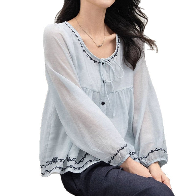 Heart Signal Blue Shirt Women Long Sleeve Embroidered Tie-Up Blouse Peter Pan Collar Top