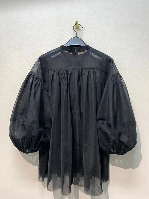Summer Mesh Shirts For Women Round Neck Lantern Sleeve Loose Minimalist Folds Casual Pullover Korean Blouse Female New