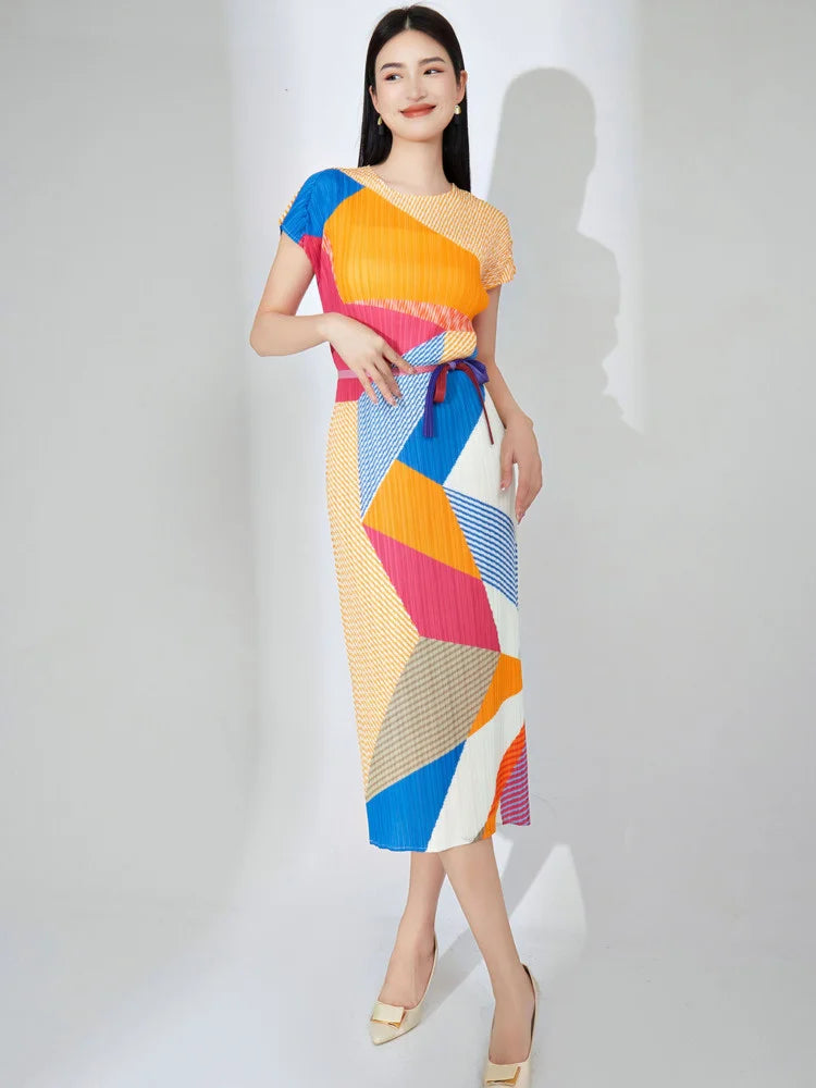 Slim Elegant Pleated Dress For Women Round Neck Short Sleeves Color Block Belt Dresses Female Clothes Summer
