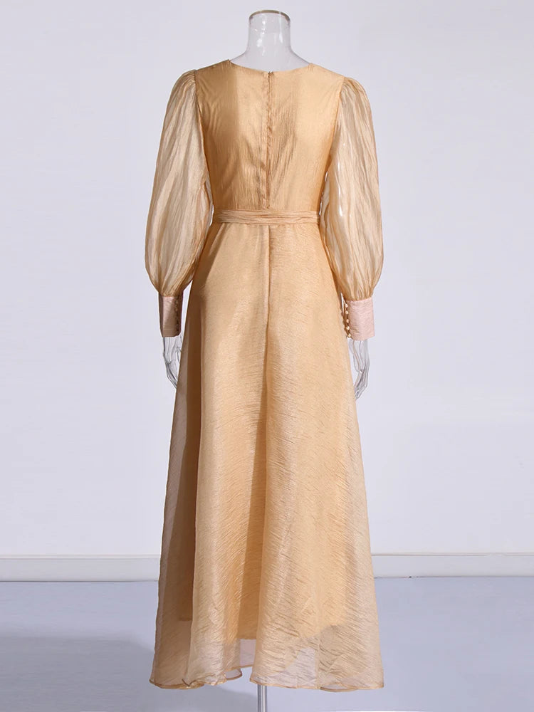 Solid Spliced Lace Up Elegant Dresses For Women V Neck Lantern Sleeve High Waist Patchwork Zipper Long Dress Female Fashion