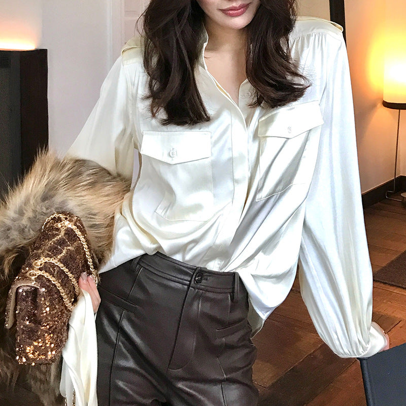 Vintage Style Designer Satin Blouse for Women,  Unique Loose Fit, Slimming Long Sleeve Top