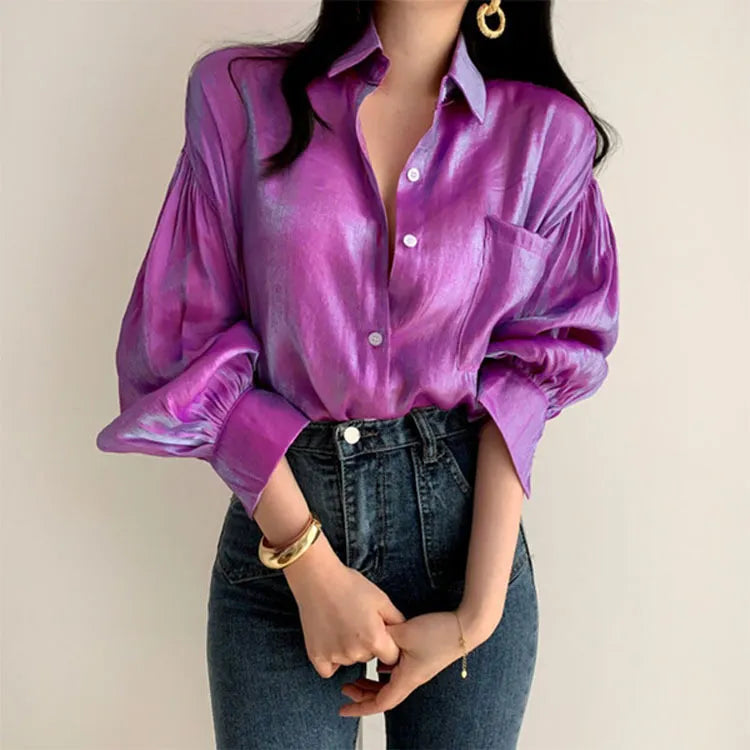Gradient Color Shirts Womens Fashion Bright Blouse Female Elegant Lapel Button Blusa Casual Puff Sleeve Top Oversize