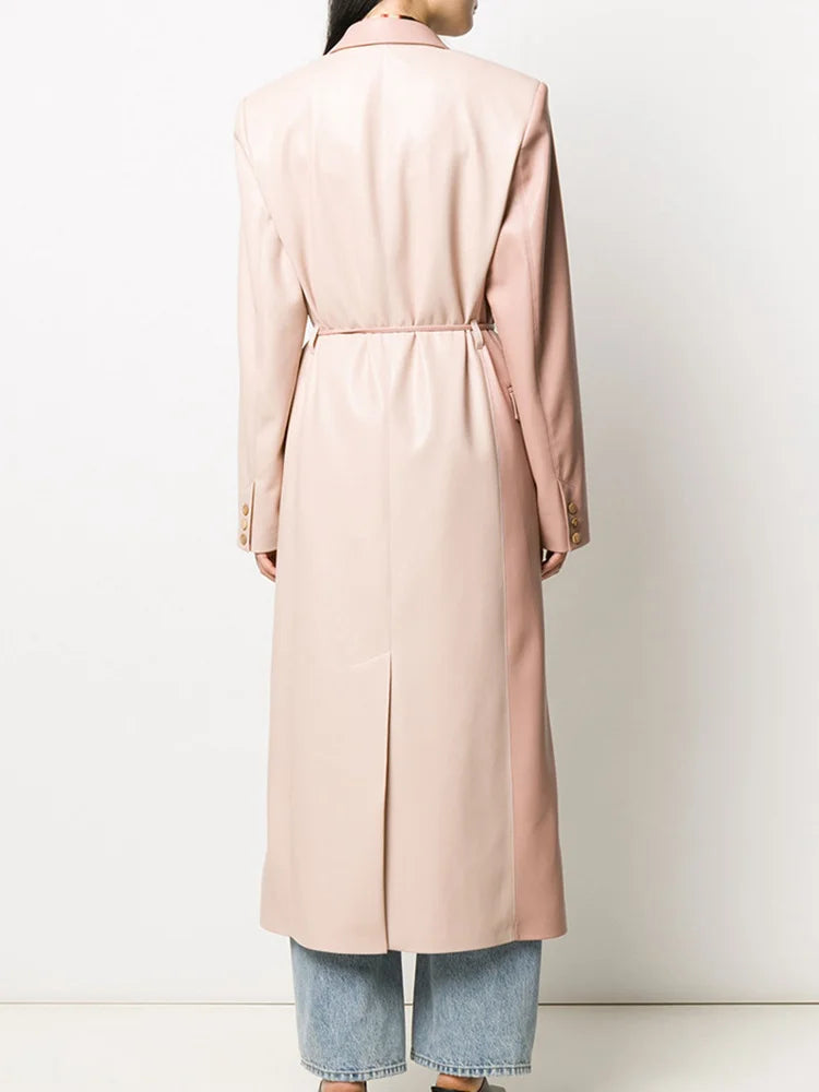 High End PU Leather Trench Coat For Women Lace-up Waist Notched Long Sleeve Slim Fashion Windbreaker