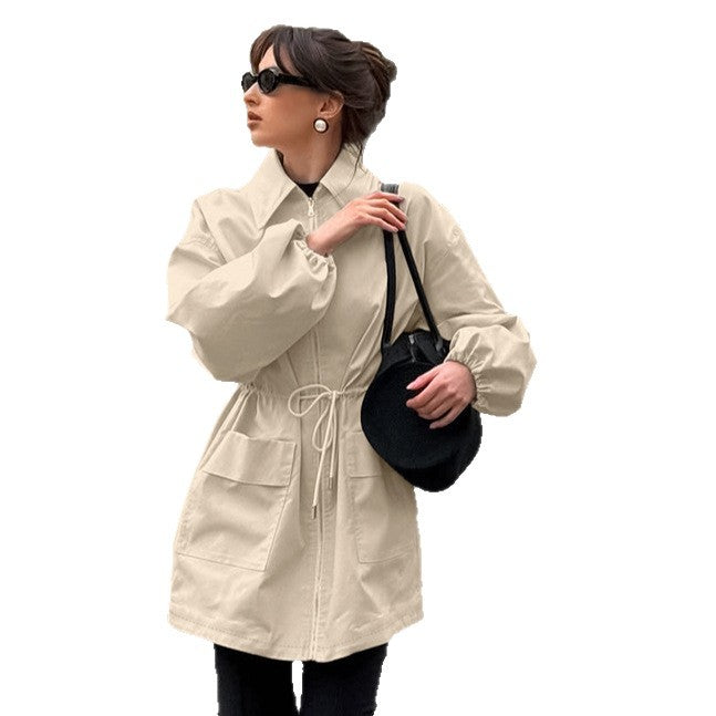 Zipper khaki drawstring waist cinched mid length long sleeved lapel coat
