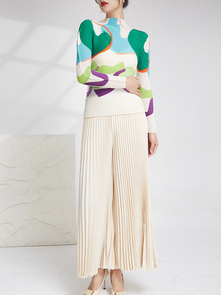 Print Pleated T-shirts For Women Spring New Long Sleeve Stand Collar Slim Casual Breathable Clothing Female 17G1384