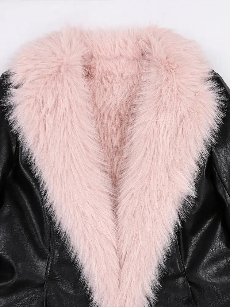 Winter Long Black Fitted Thick Warm Pu Leather Coat Women with Pink Hairy Shaggy Fluffy Faux Fur Inside Runway Parka