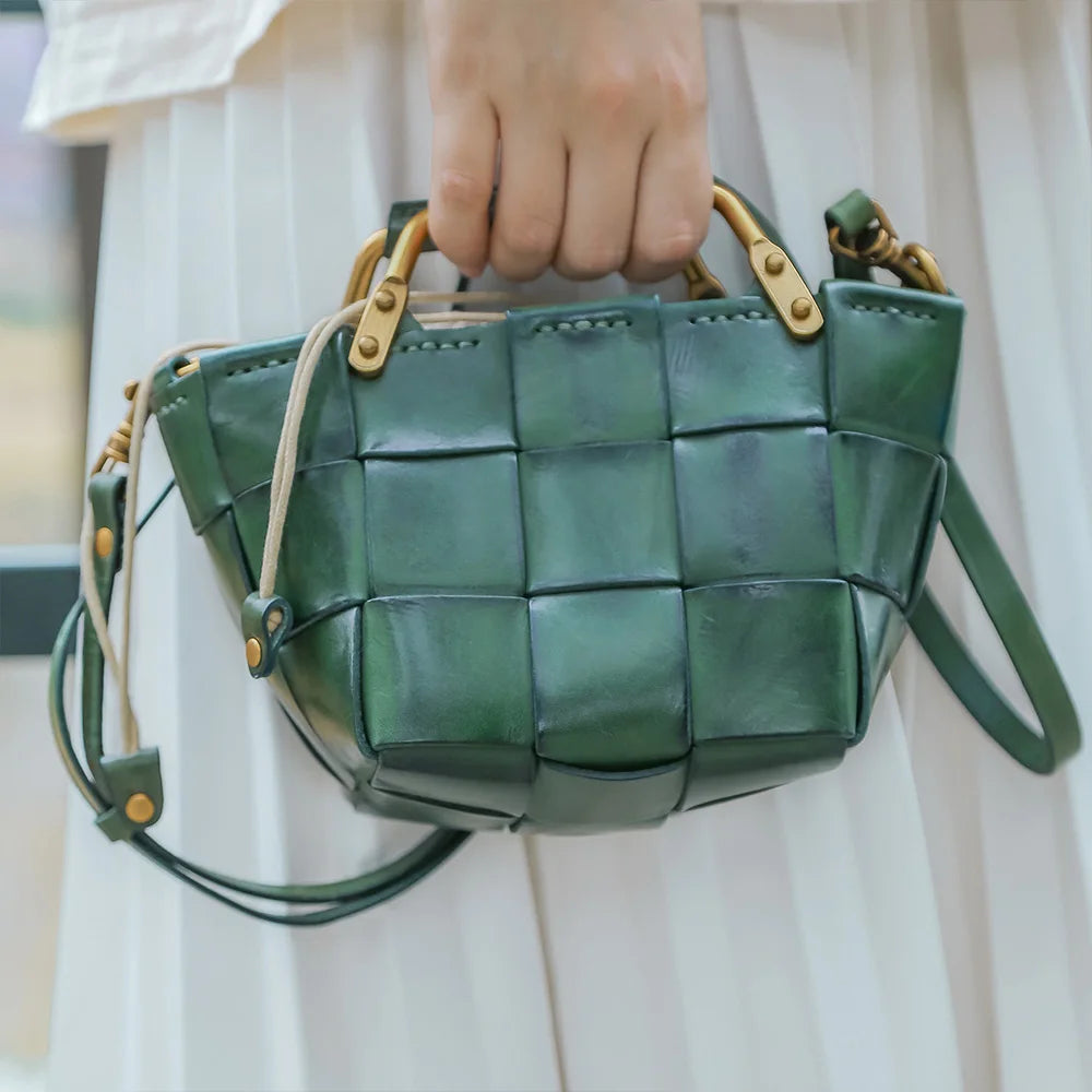 New Trendy Women Mini Calf Skin Leather Woven Clutches Basket Bag  Female Plaid Square Handbag Luxury Copy Crossbody