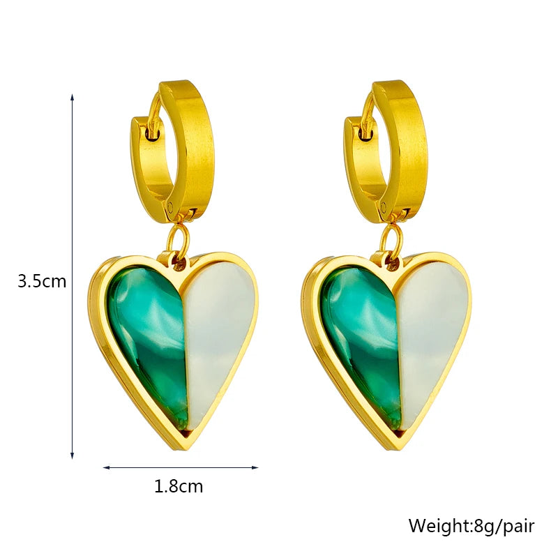 Stainless Steel  Gold Plated New Green Heart Acrylic Statement Earrings For Women Female Party Gift Brincos
