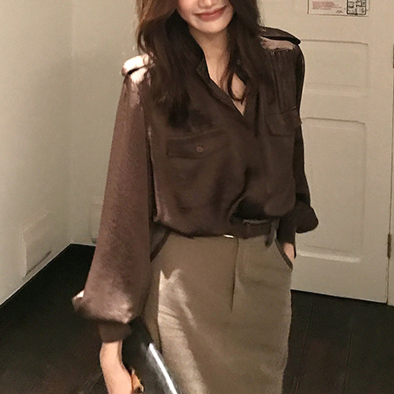 Vintage Style Designer Satin Blouse for Women,  Unique Loose Fit, Slimming Long Sleeve Top